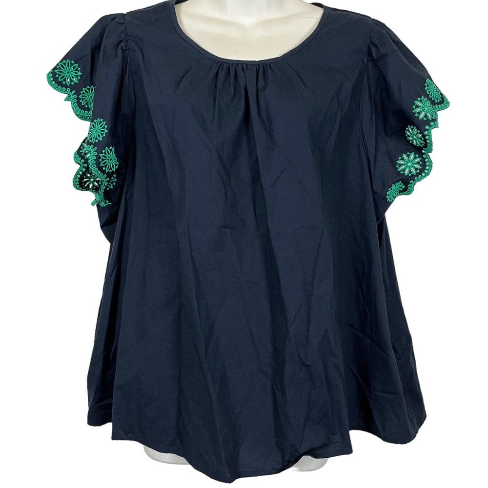 J Crew Embroidered Scalloped Eyelet Green Embroidered Sleeve Navy Top Shirt  3X